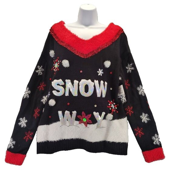 Holiday Time Embellished Black Red Snow Way Christmas Sweater XL 16-18 NWT - Picture 1 of 12